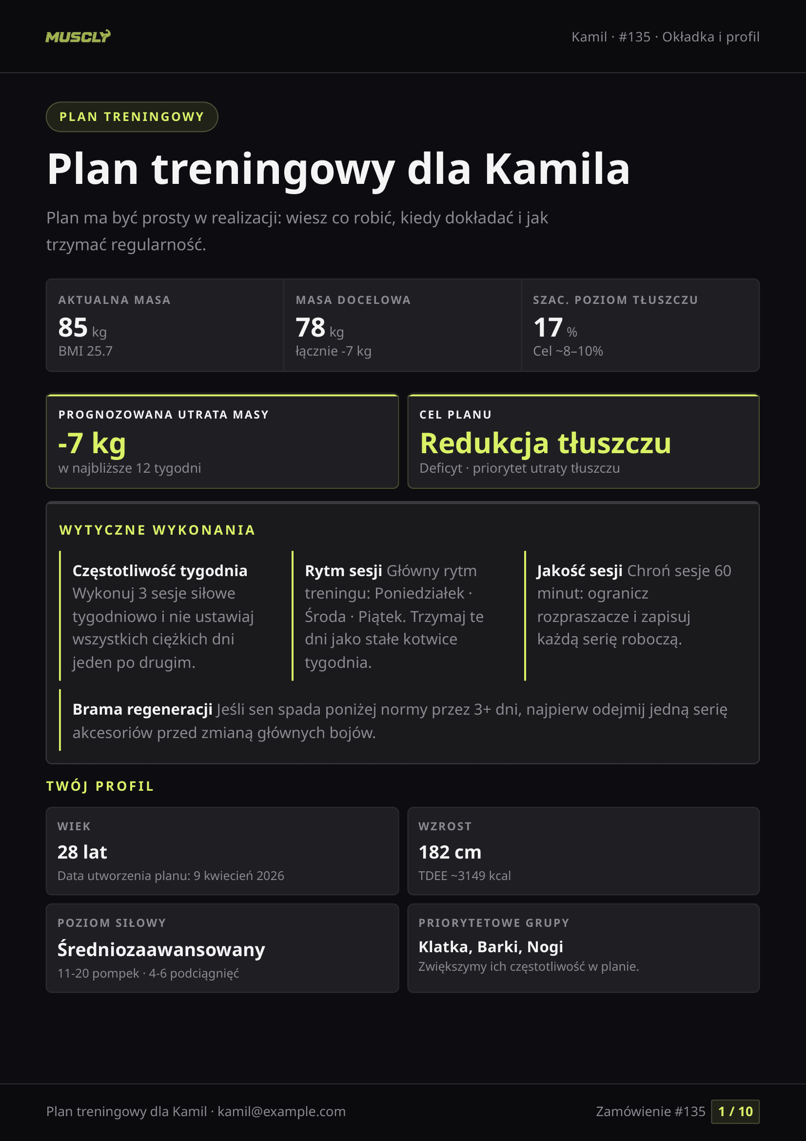 Podgląd strony 1 z 10, przykładowy plan treningowy Muscly