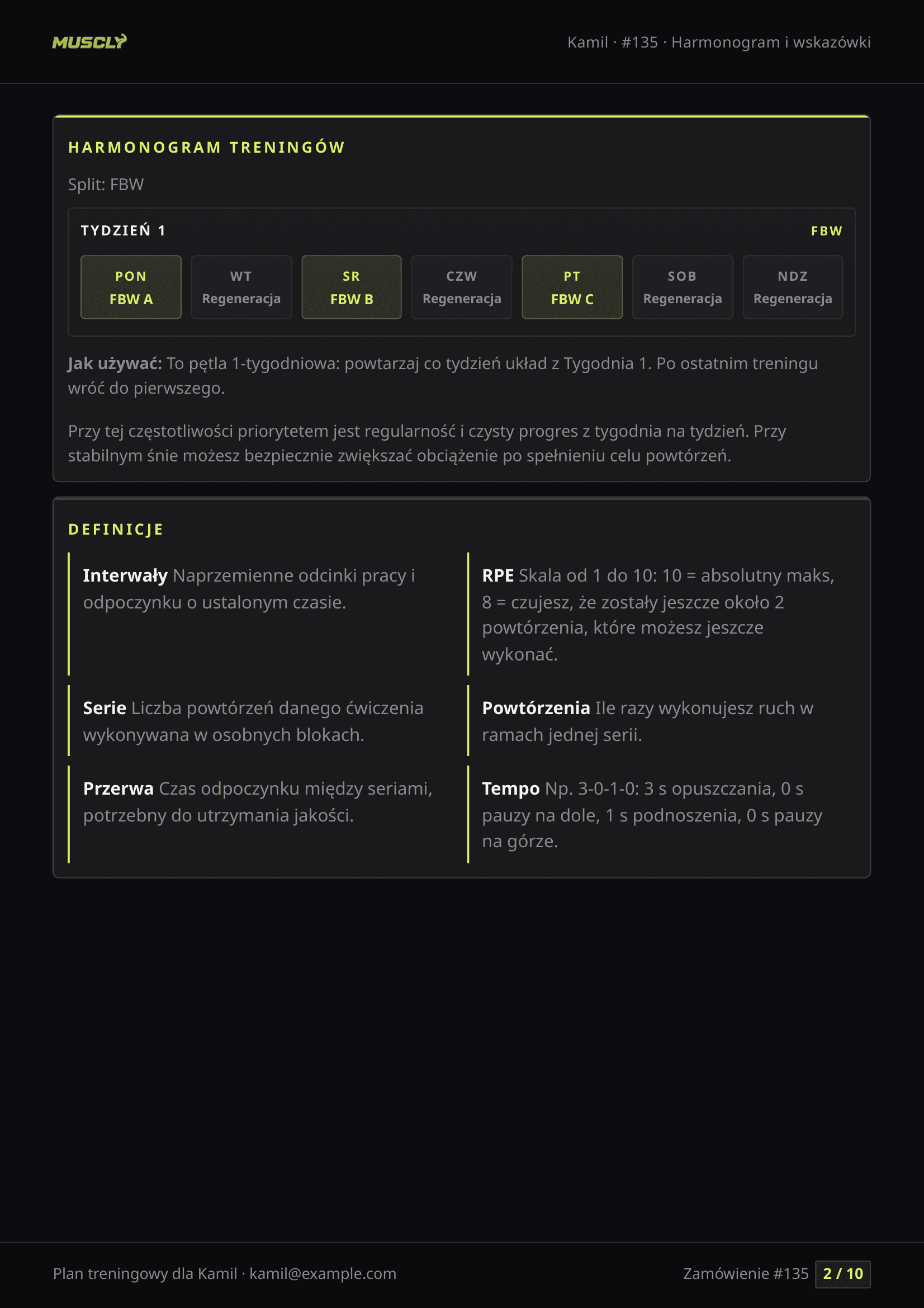 Podgląd strony 2 z 10, przykładowy plan treningowy Muscly