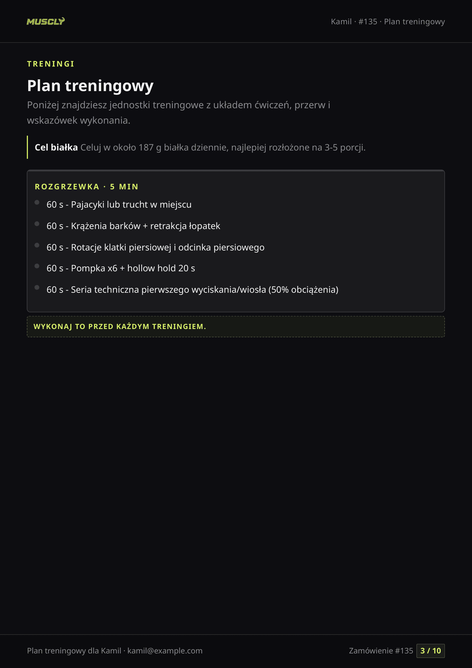 Podgląd strony 3 z 10, przykładowy plan treningowy Muscly