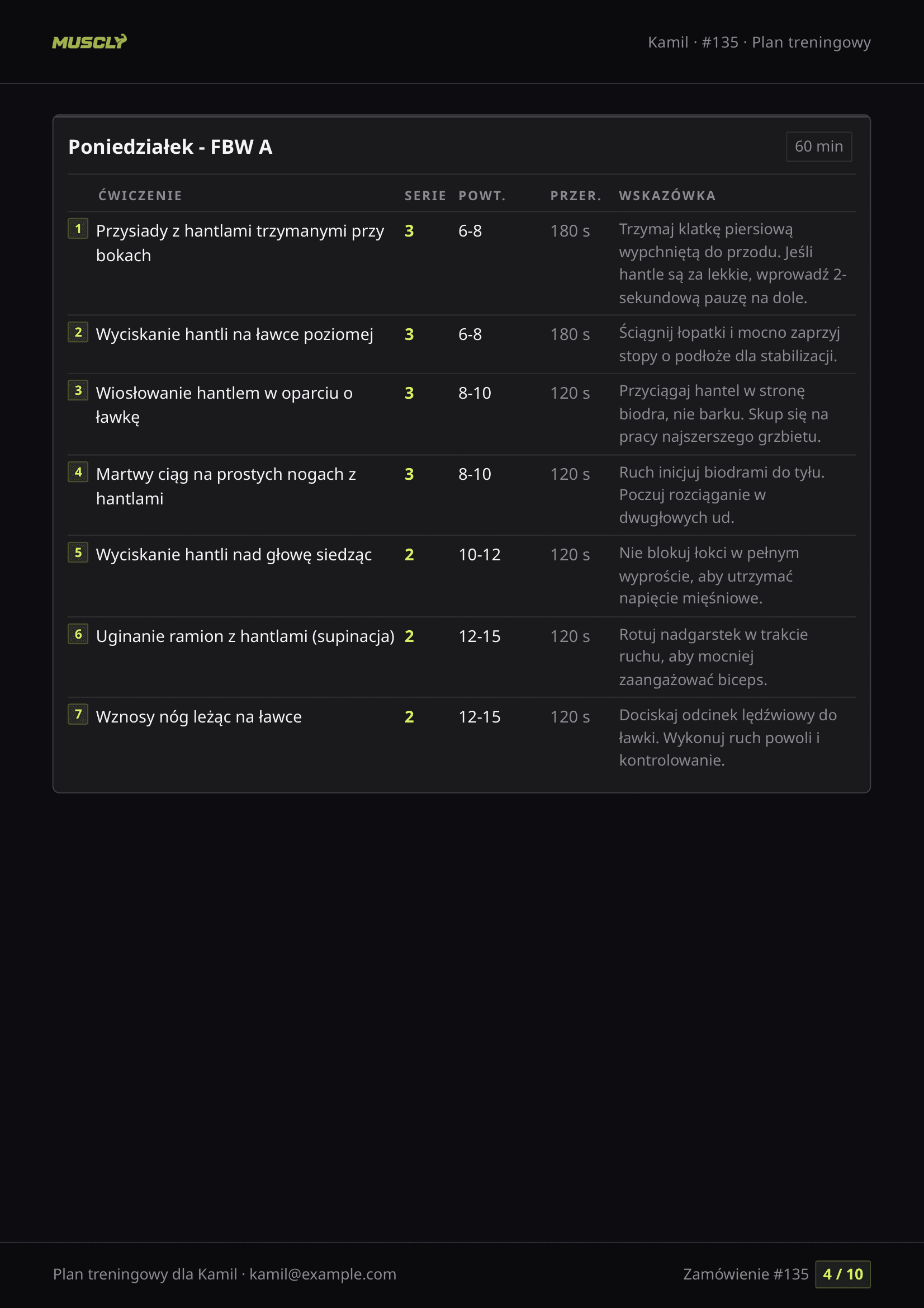 Podgląd strony 4 z 10, przykładowy plan treningowy Muscly
