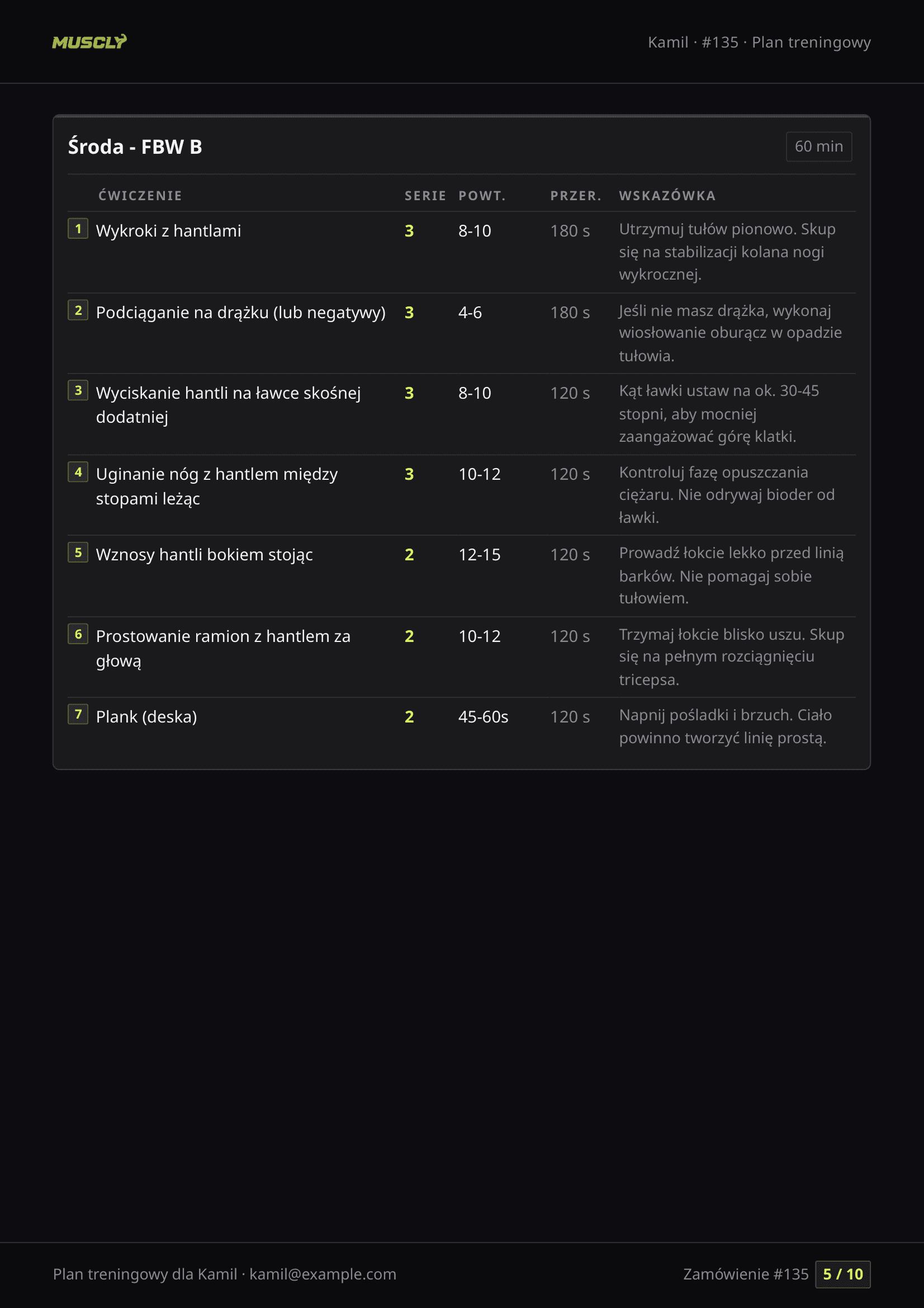 Podgląd strony 5 z 10, przykładowy plan treningowy Muscly