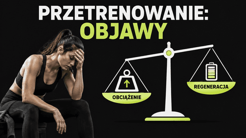 Sportowiec odczuwa zmęczenie po treningu, a grafika pokazuje równowagę obciążenia i regeneracji.