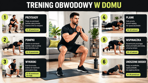 Trening obwodowy w domu bez sprzętu: sześć ćwiczeń ułożonych w praktyczny obwód.