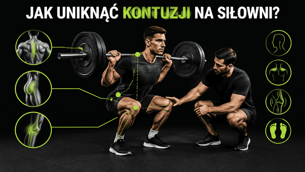 Osoba wykonuje ćwiczenie siłowe z poprawną techniką i bezpiecznym ustawieniem ciała.