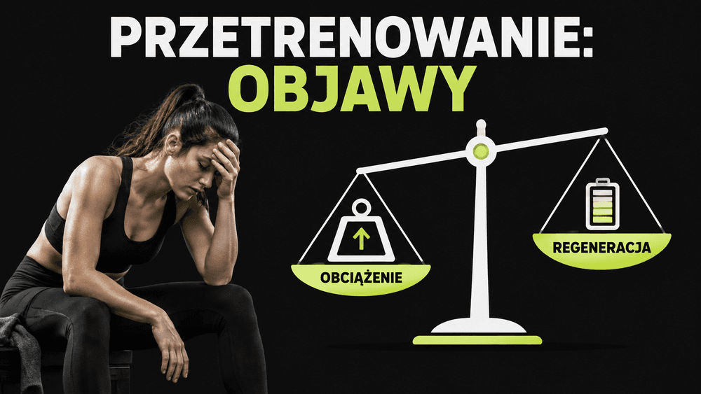 Sportowiec odczuwa zmęczenie po treningu, a grafika pokazuje równowagę obciążenia i regeneracji.