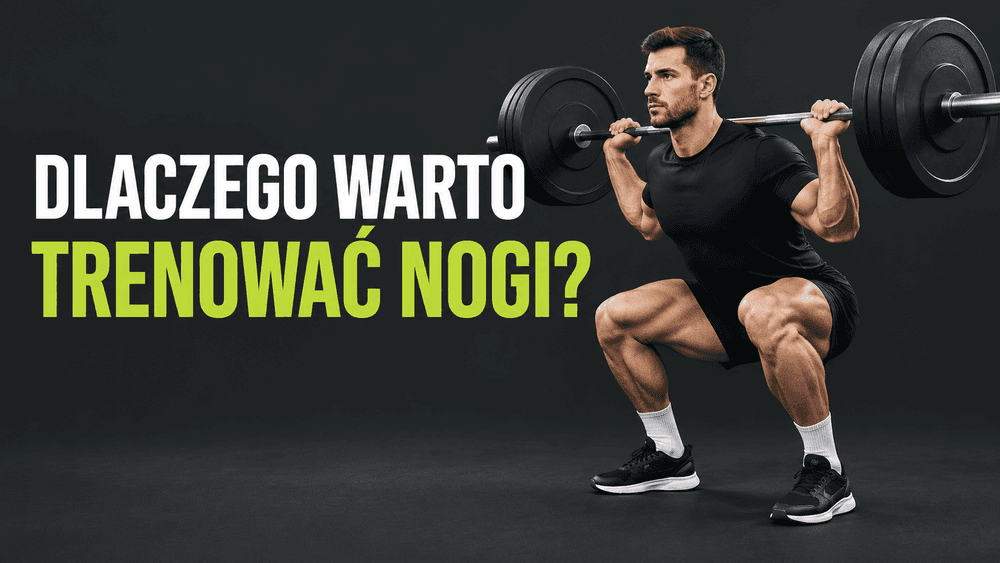 Ćwiczący wykonuje przysiad ze sztangą, a ilustracja pokazuje proporcje sylwetki i korzyści treningu nóg.