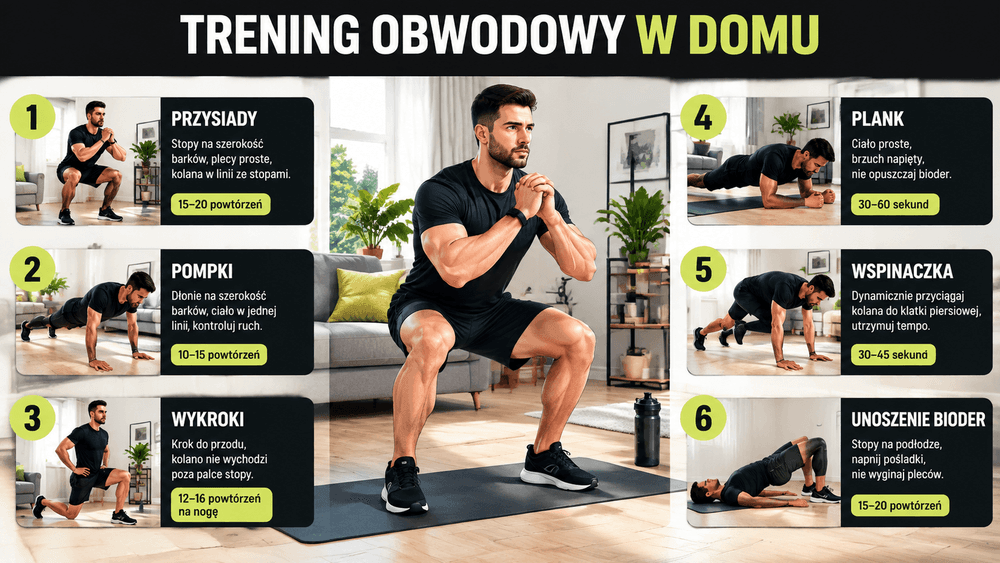 Trening obwodowy w domu bez sprzętu: sześć ćwiczeń ułożonych w praktyczny obwód.