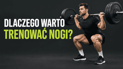 Ćwiczący wykonuje przysiad ze sztangą, a ilustracja pokazuje proporcje sylwetki i korzyści treningu nóg.